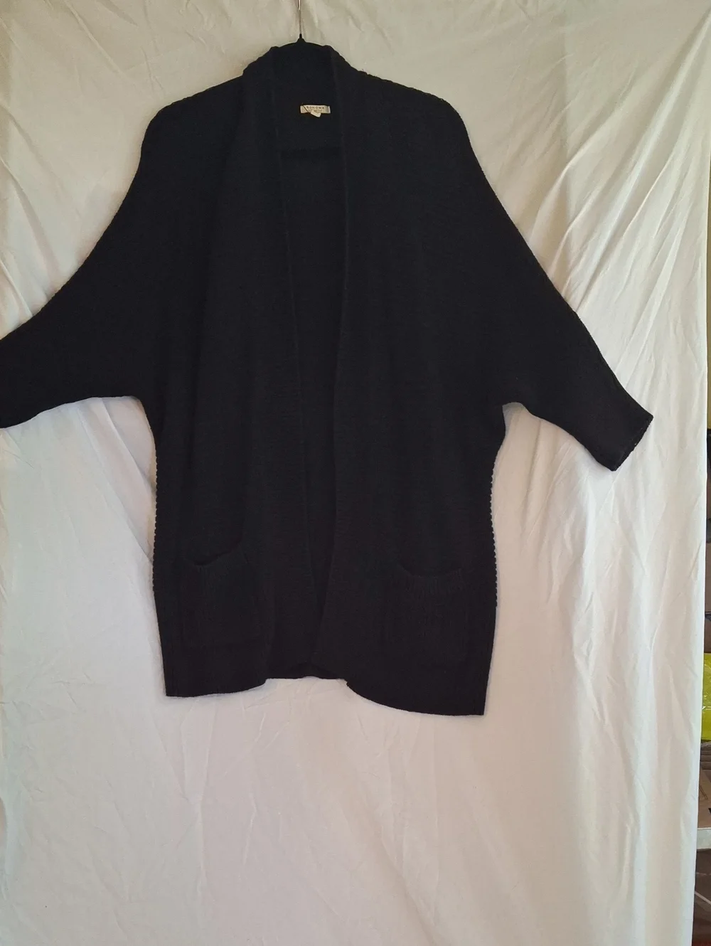 Sonoma Black Open-Front Ribbed Cardigan with Pockets and Drop Shoulders